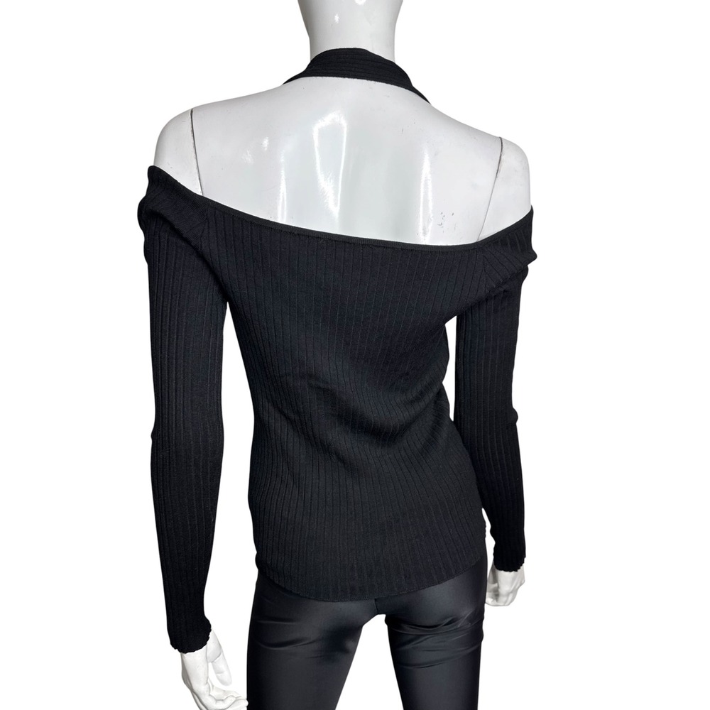 Express Black Ribbed Cold Shoulder Halter V-Neck Twisted Cable Knit Sweater Top - Picture 5 of 6